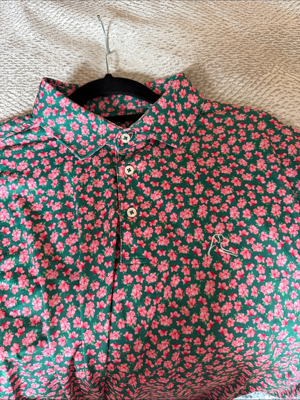 Men's Green Polo Shirt with Pink Floral Print - Rhoback Azalea collection - Picture 4 of 5